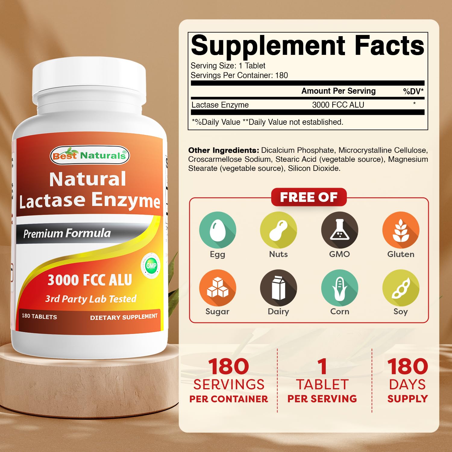 Best Naturals Lactase Enzyme Tablets bottle side view