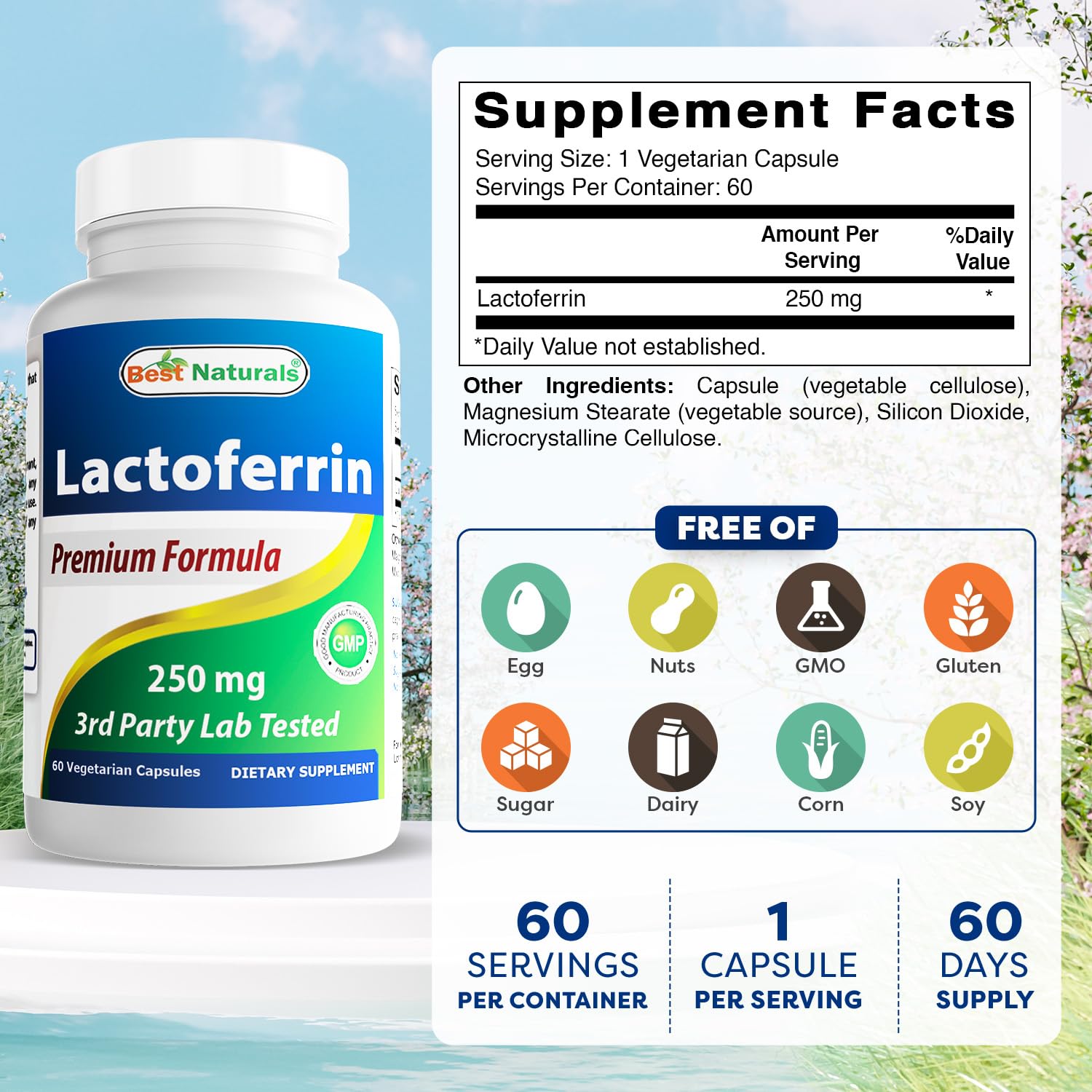 Best Naturals Lactoferrin Supplement 250mg side view