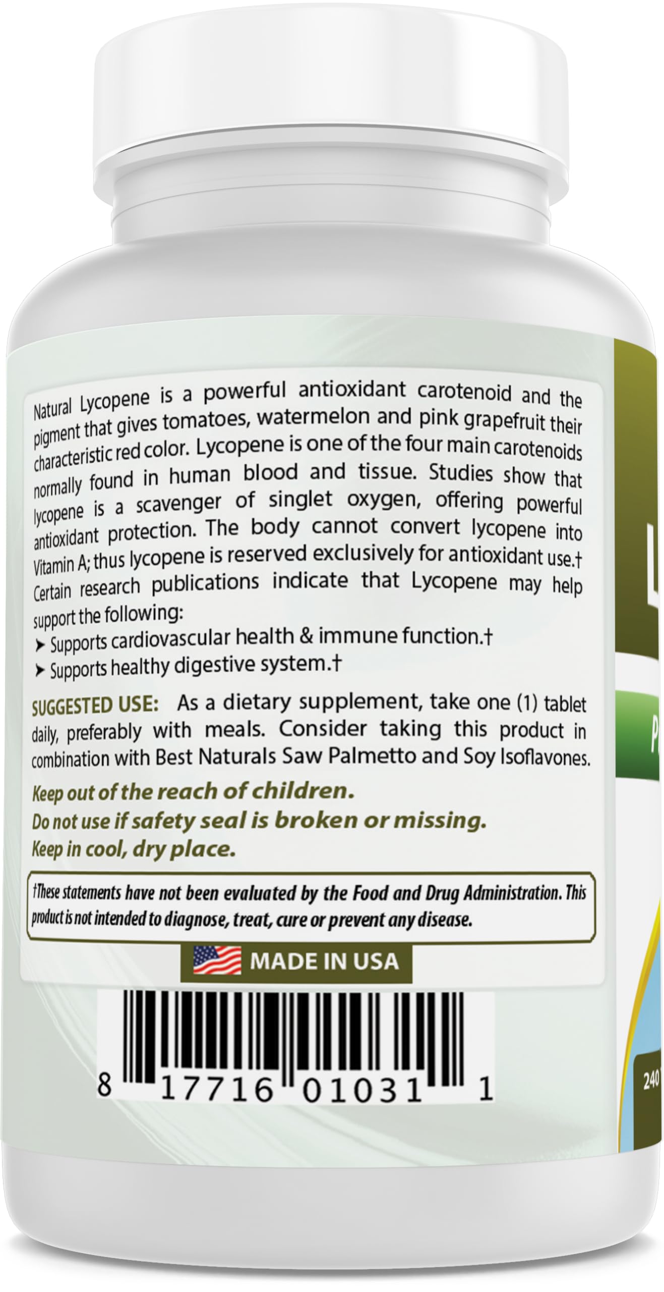 Best Naturals Lycopene Softgels label close-up with ingredients