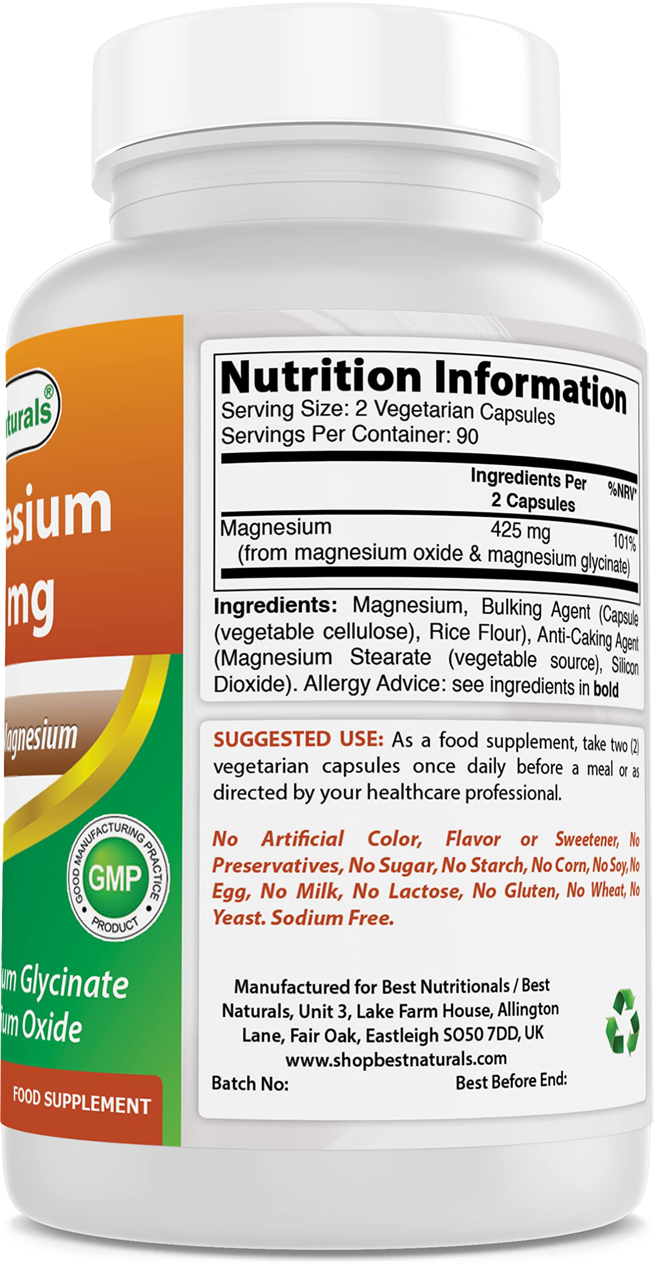Best Naturals Magnesium 425 mg Vegetarian Capsules nutritional information