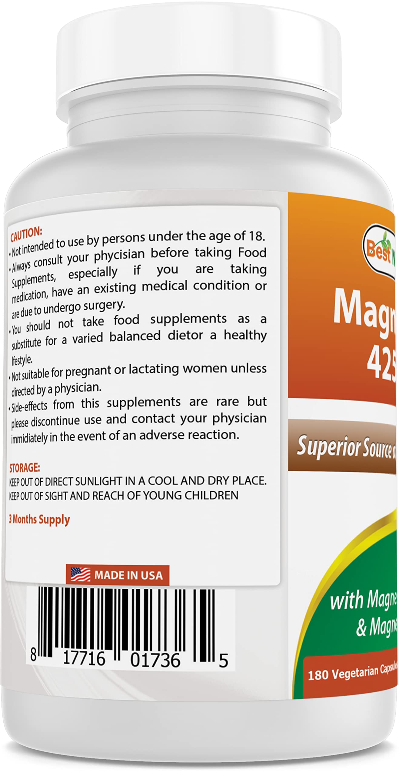 Best Naturals Magnesium 425 mg Vegetarian Capsules side view showing capsule size