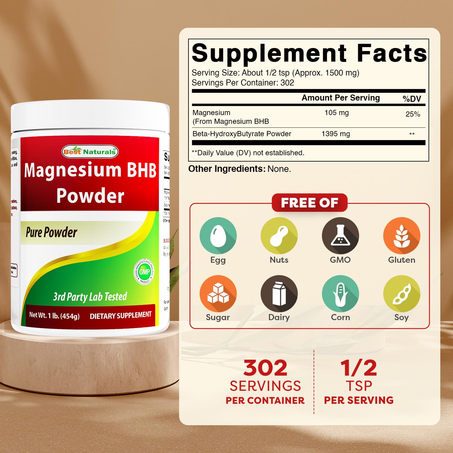 Best Naturals Magnesium BHB Powder 1 lb container side view