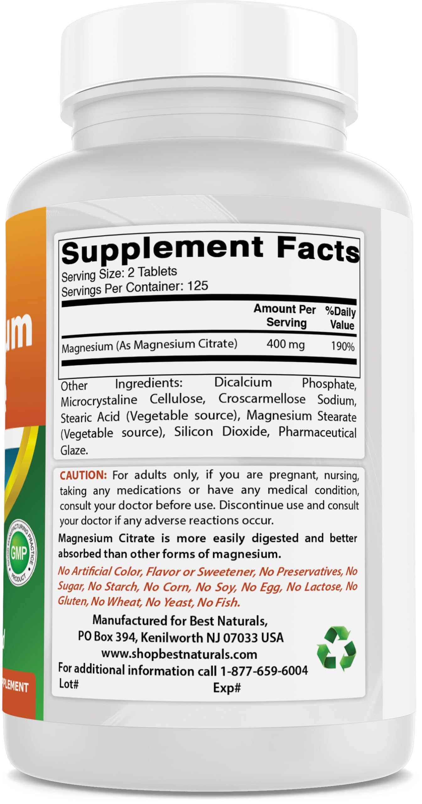 Best Naturals Magnesium Citrate 400mg supplement packaging