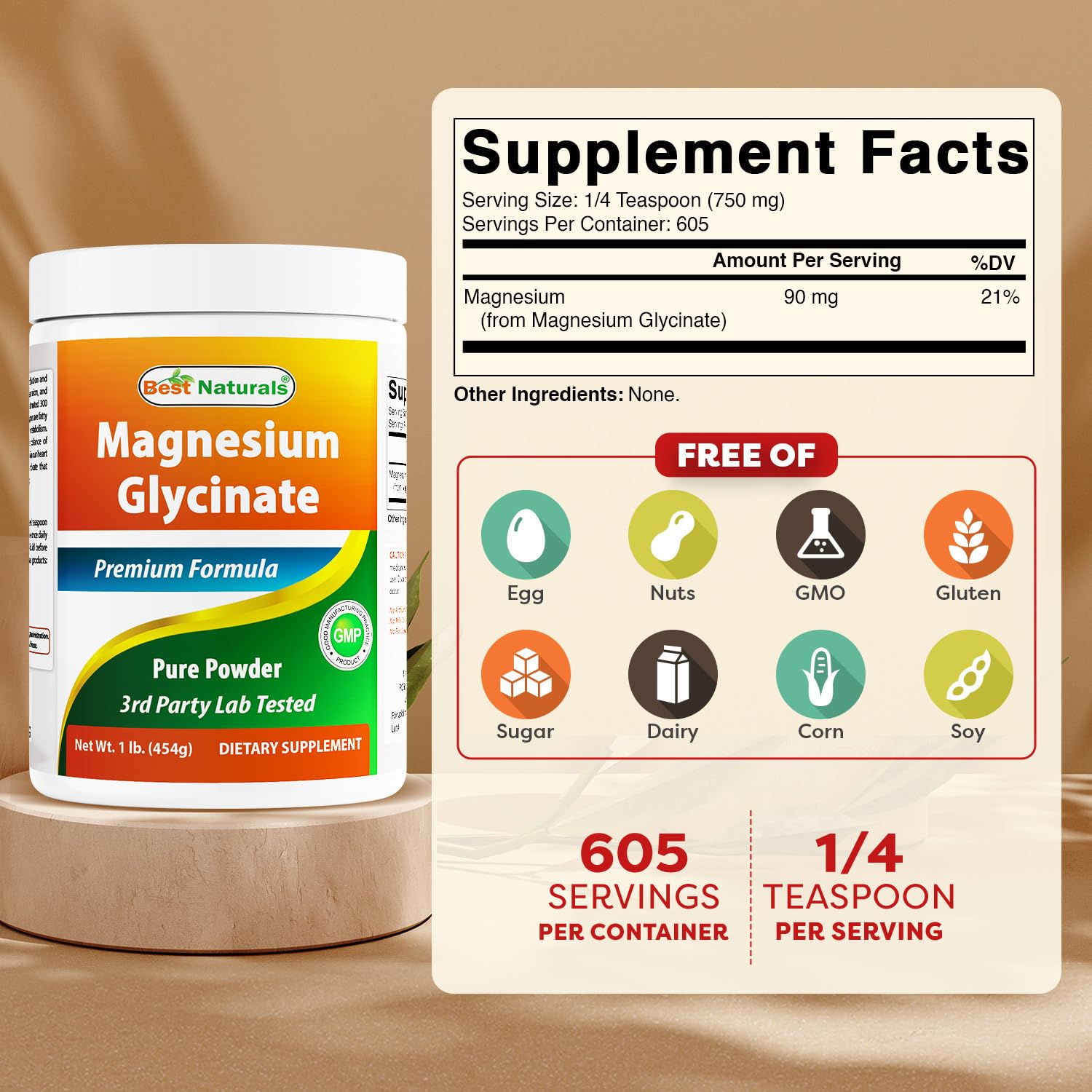 Best Naturals Magnesium Glycinate 750mg supplement bottle side view