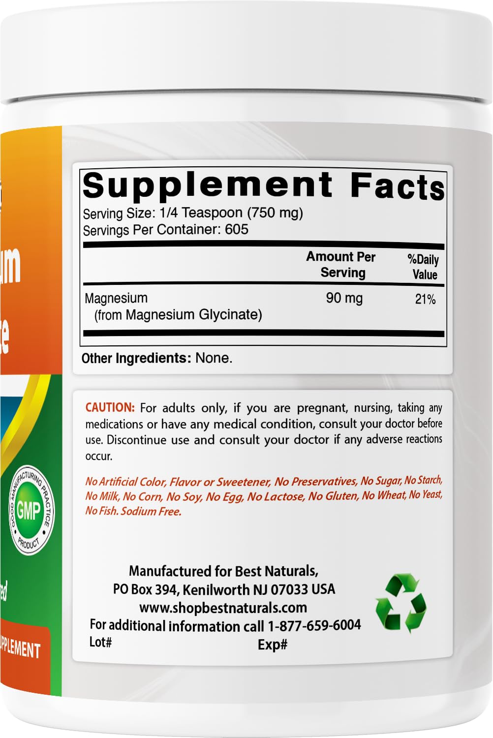 Best Naturals Magnesium Glycinate 750mg supplement bottle with cap open