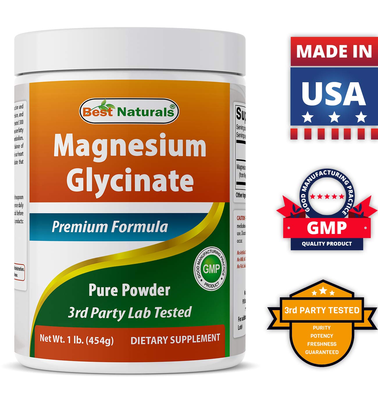 Best Naturals Magnesium Glycinate 750mg supplement with a measuring spoon