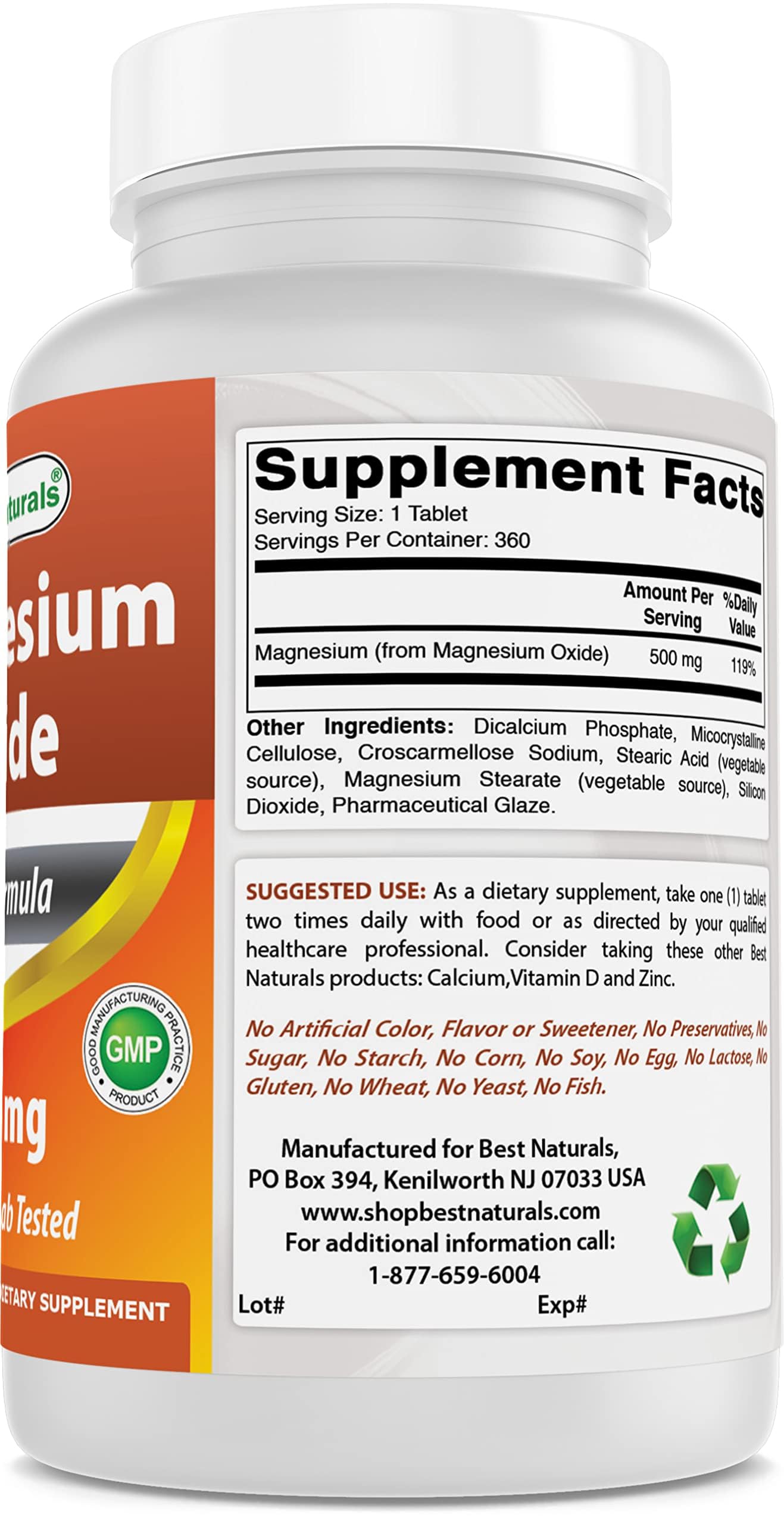 Best Naturals Magnesium Oxide 500mg 360 tablets bottle top
