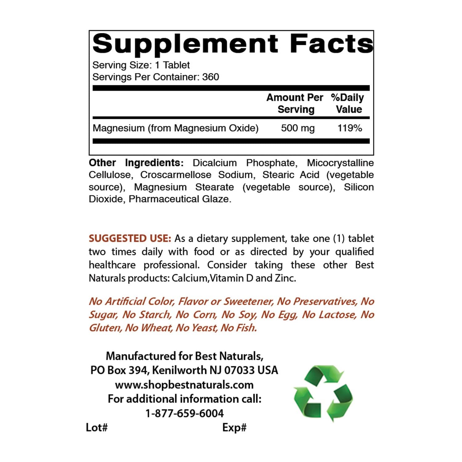 Best Naturals Magnesium Oxide 500mg 360 tablets side view