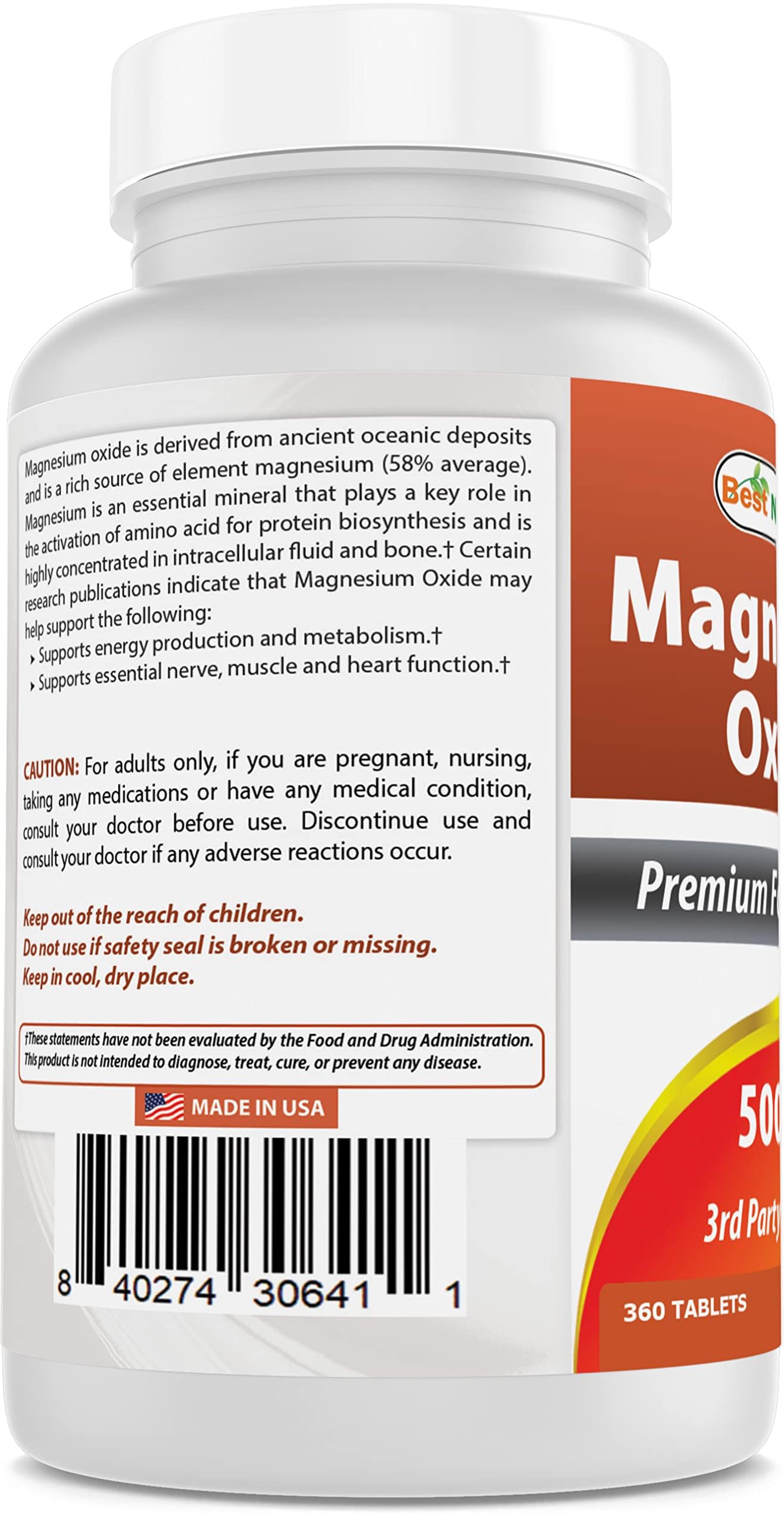 Best Naturals Magnesium Oxide 500mg 360 tablets with label details
