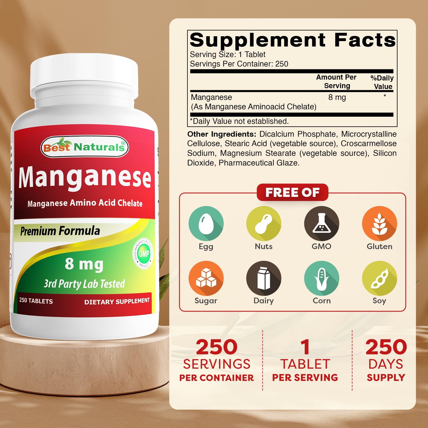 Best Naturals Manganese Supplement 8 mg bottle side view
