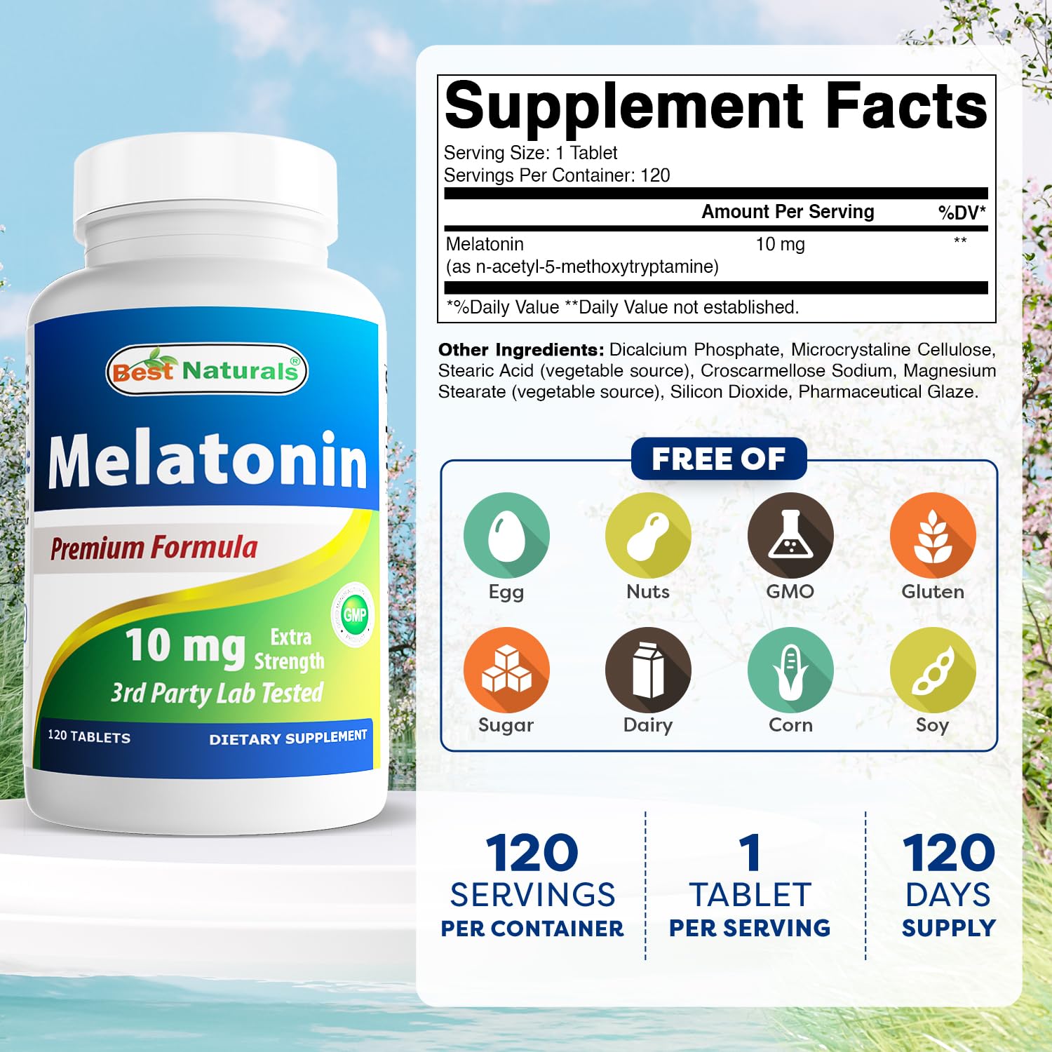 Best Naturals Melatonin 10mg Tablets side view showing packaging