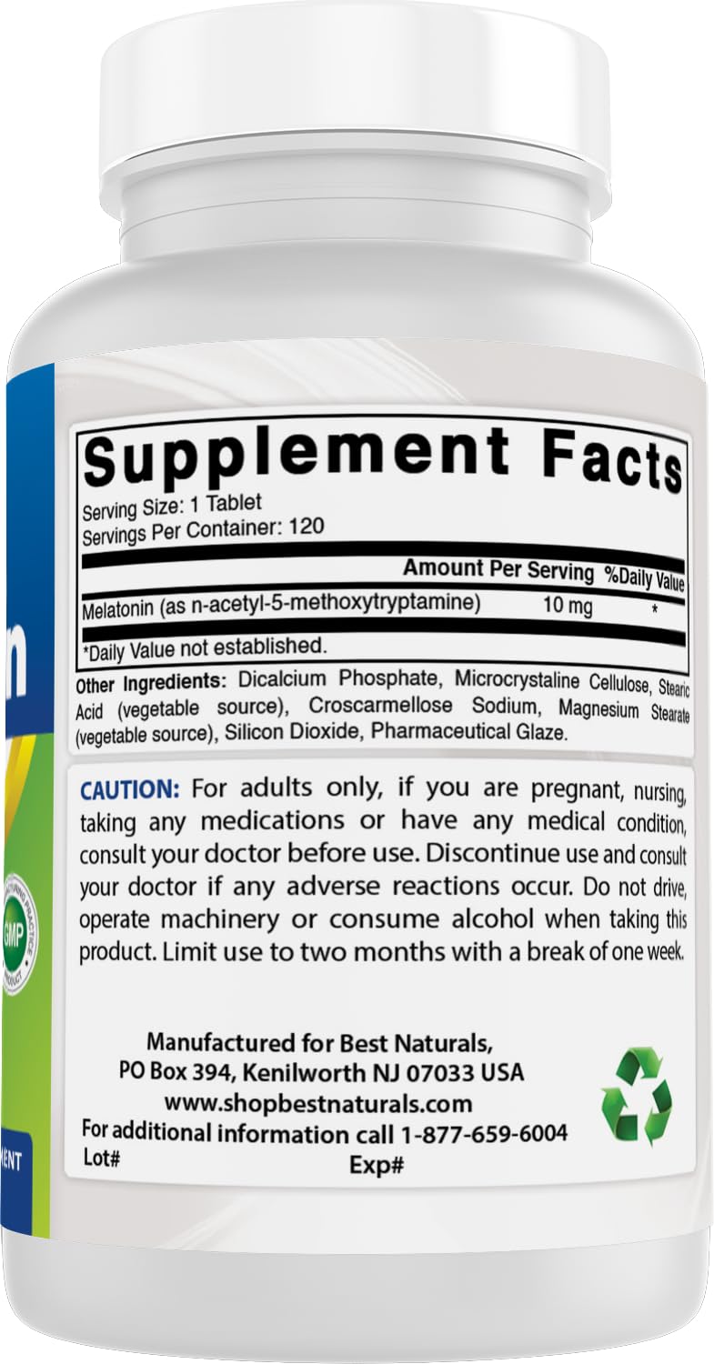 Best Naturals Melatonin 10mg Tablets with a glass of water