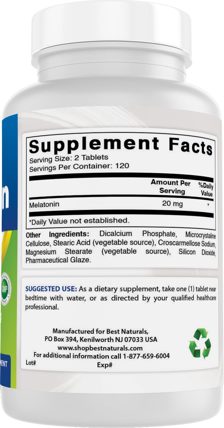 Best Naturals Melatonin 20mg tablets on a table