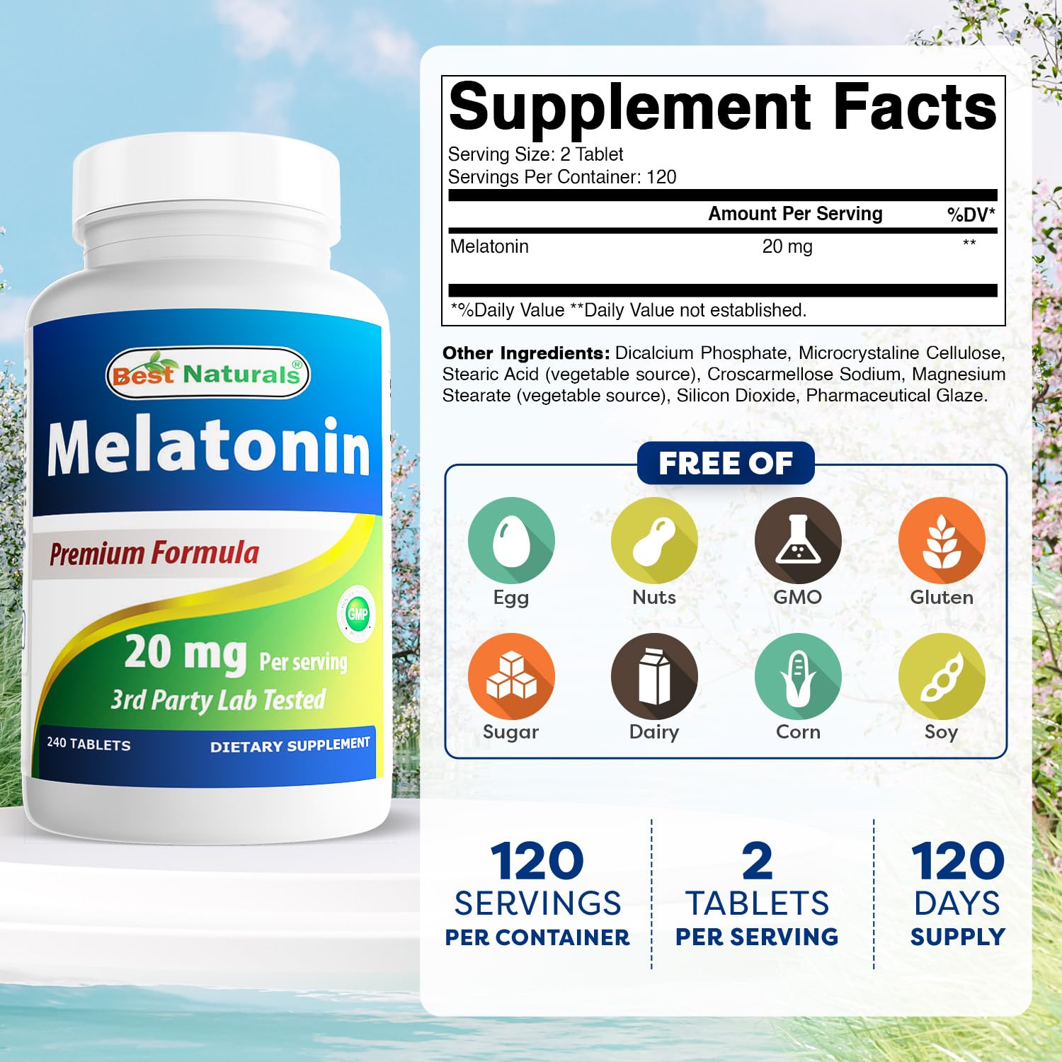 Best Naturals Melatonin 240 Tablets side view