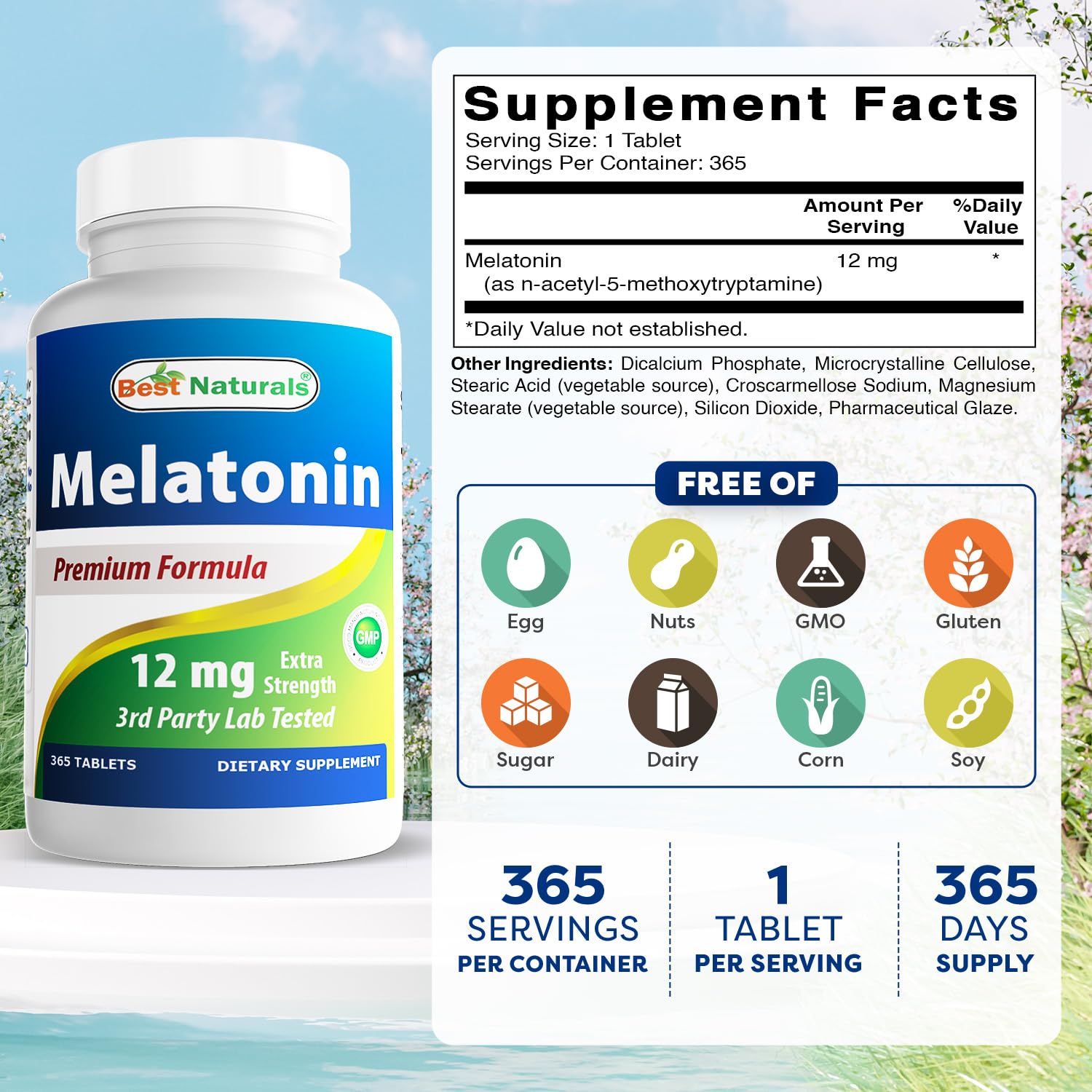 Best Naturals Melatonin 365 tablets side view