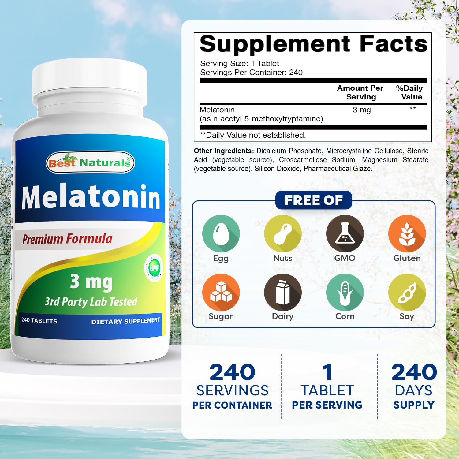 Best Naturals Melatonin 3mg bottle side view