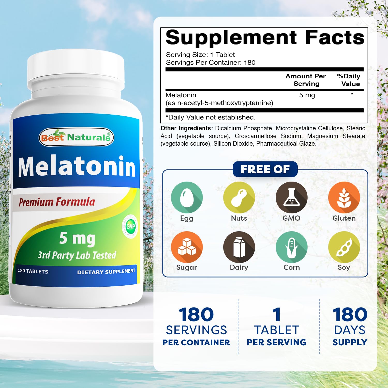 Best Naturals Melatonin 5 mg 180 Tablets side view
