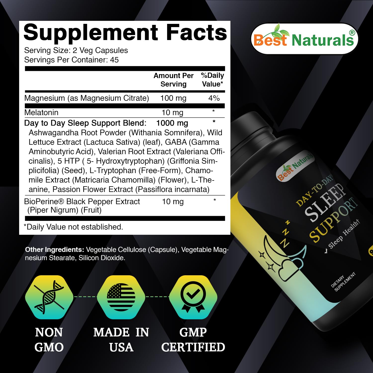 Best Naturals Melatonin Supplement side view with ingredients