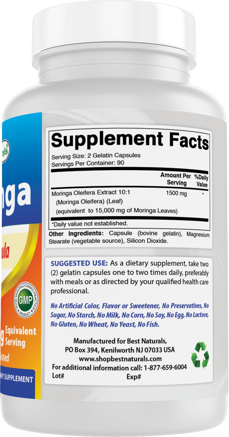 Best Naturals Moringa Extract bottle with a measuring spoon