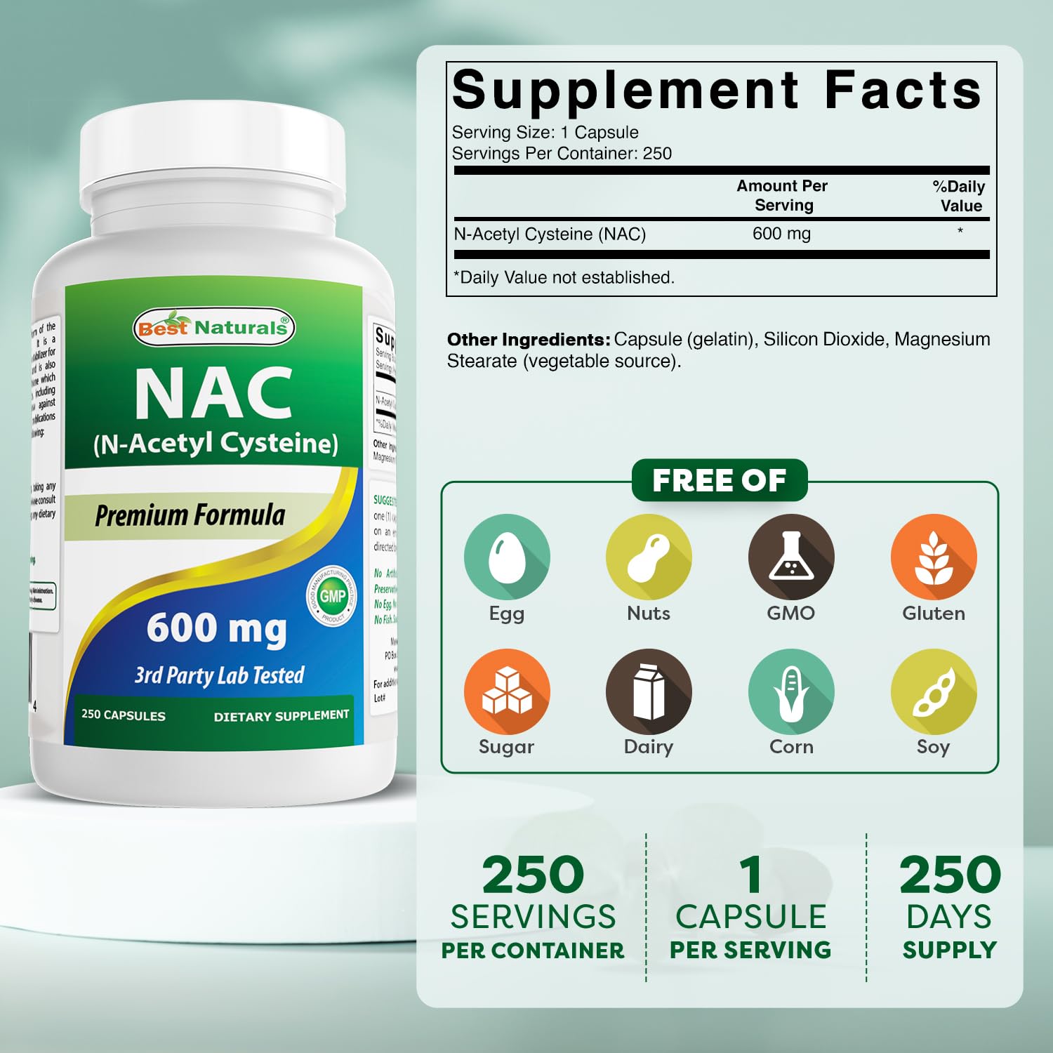 Best Naturals NAC 600 mg Capsules side view showing label
