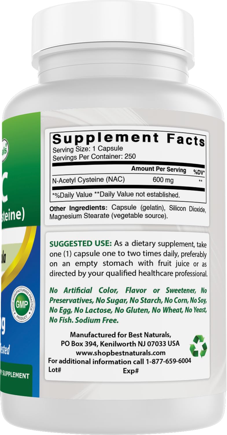 Best Naturals NAC 600 mg Capsules with a glass of water
