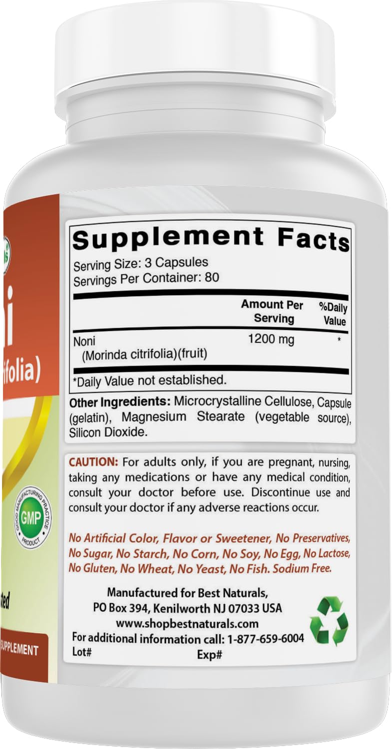 Best Naturals Noni Capsules 400mg bottle back view
