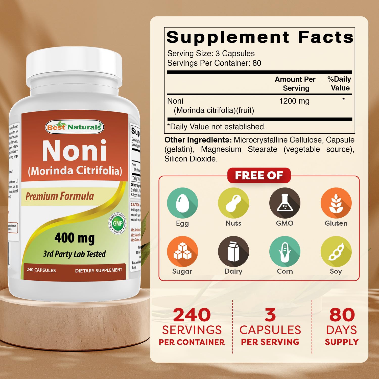 Best Naturals Noni Capsules 400mg bottle side view