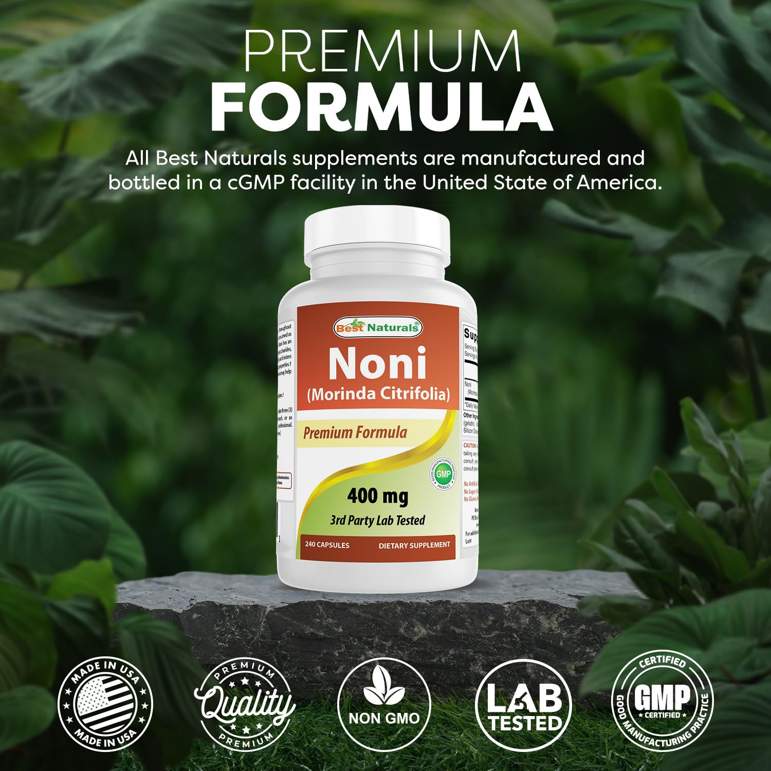 Best Naturals Noni Capsules 400mg bottle with a measuring spoon
