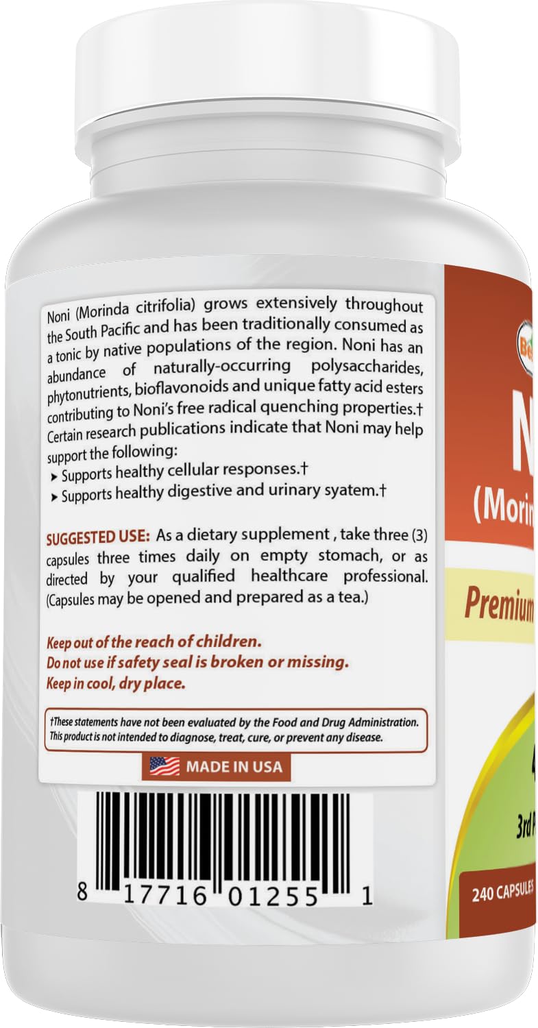 Best Naturals Noni Capsules 400mg on a wooden table