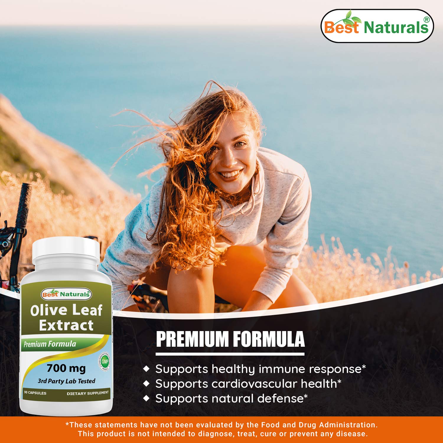 Best Naturals Olive Leaf Extract 700mg capsules on a wooden table