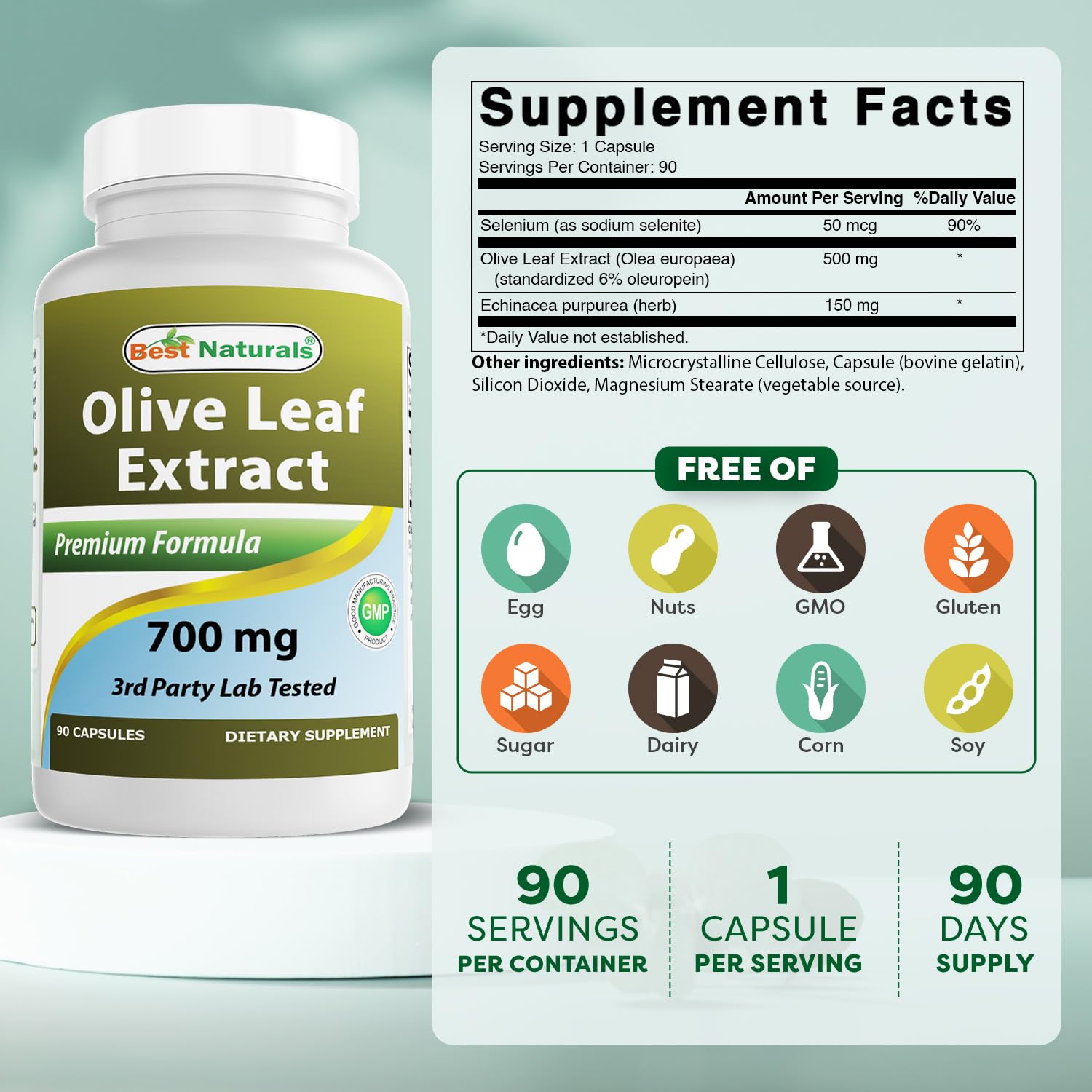 Best Naturals Olive Leaf Extract 700mg capsules side view