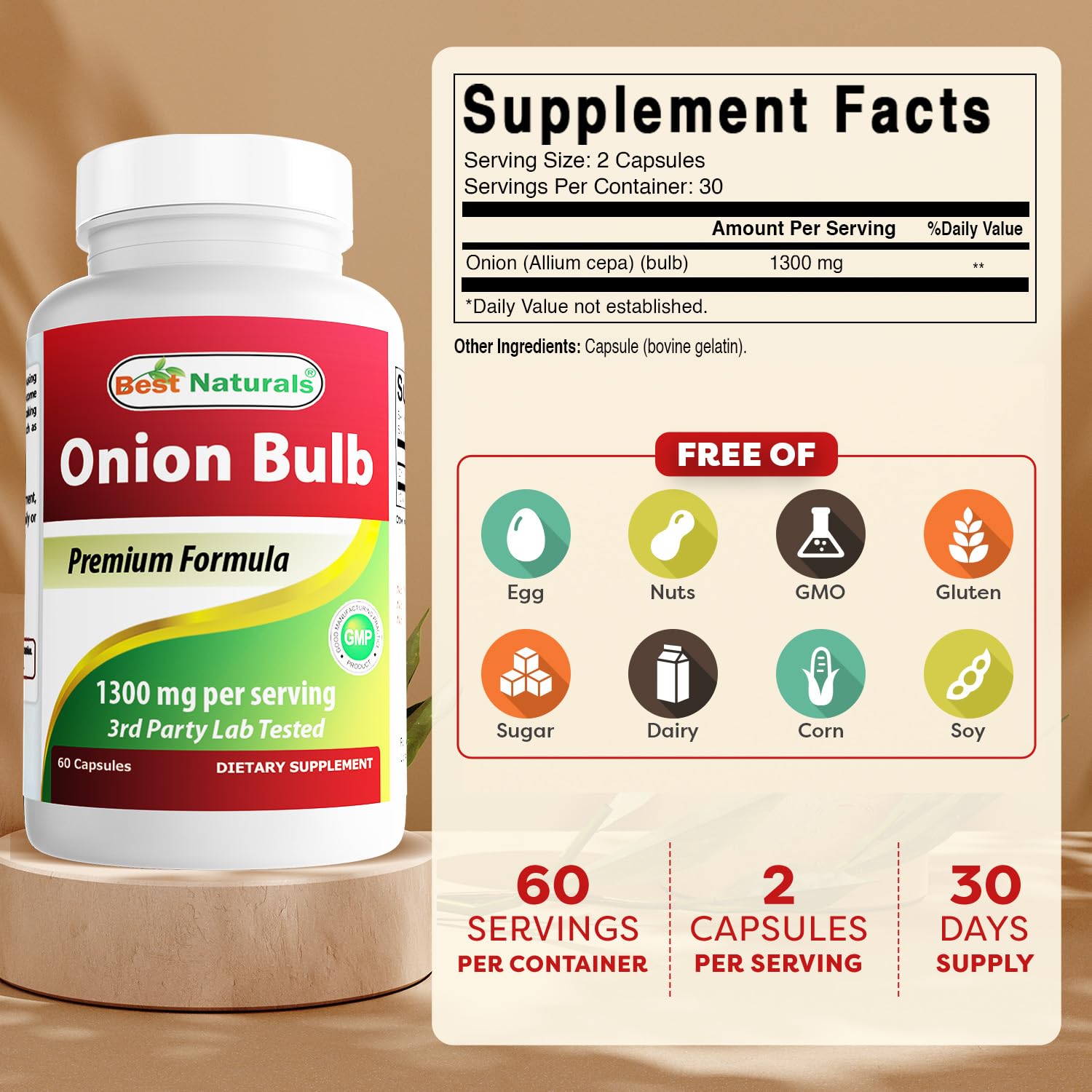 Best Naturals Onion Dried Bulb Capsules side view showing label