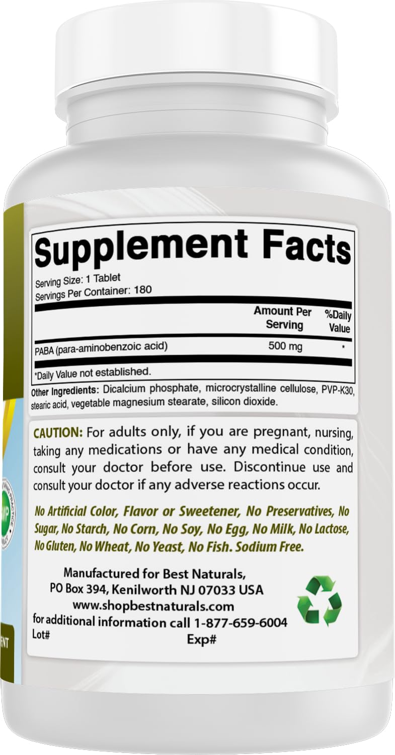 Best Naturals PABA 500mg Supplement bottle on a wooden table