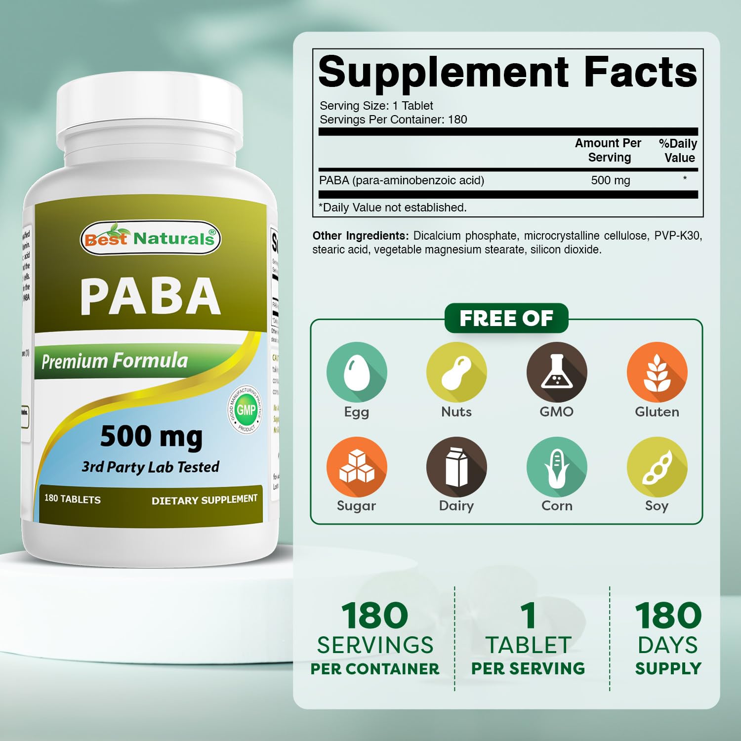 Best Naturals PABA 500mg Supplement bottle side view