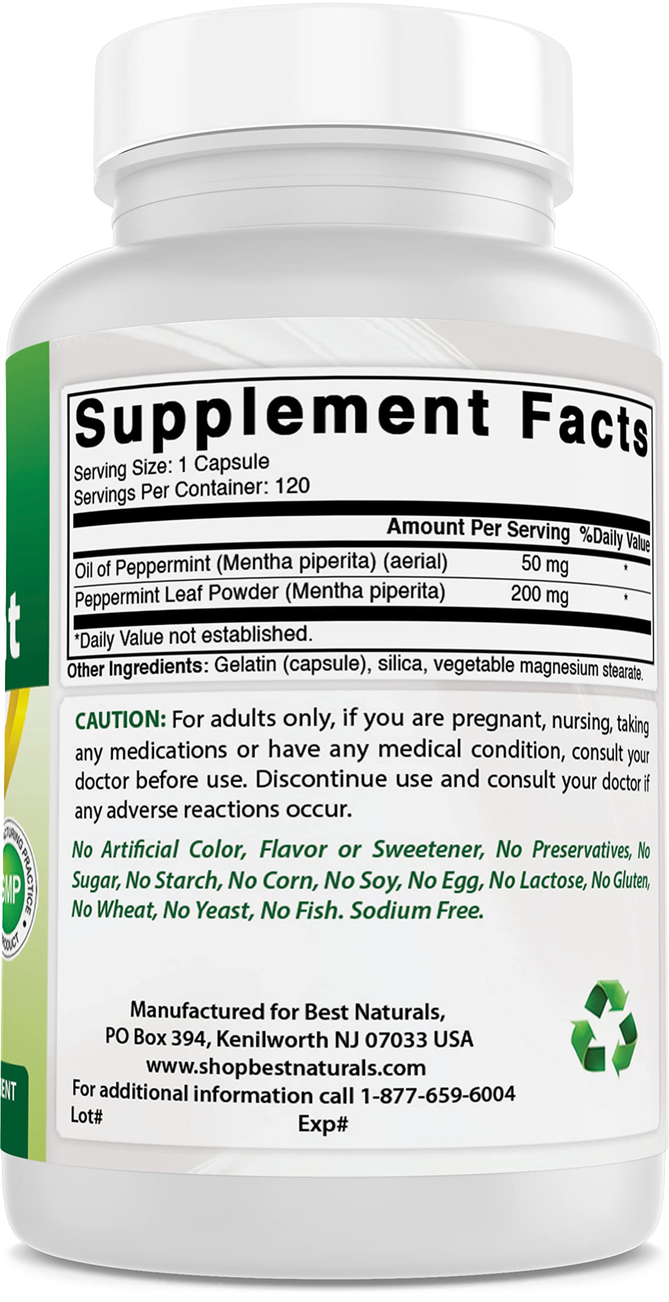 Best Naturals Peppermint Oil bottle with nutritional info