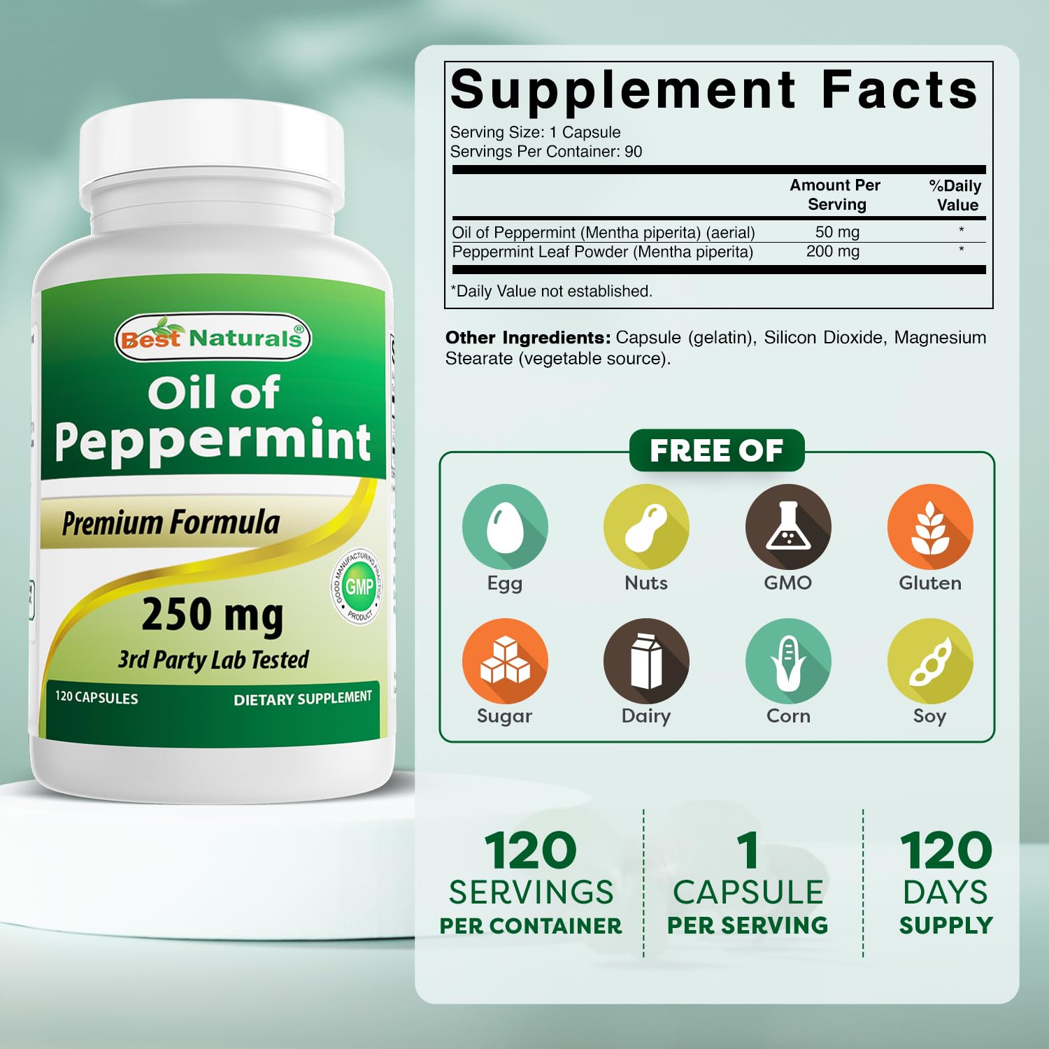Best Naturals Peppermint Oil Capsules 250mg bottle side view