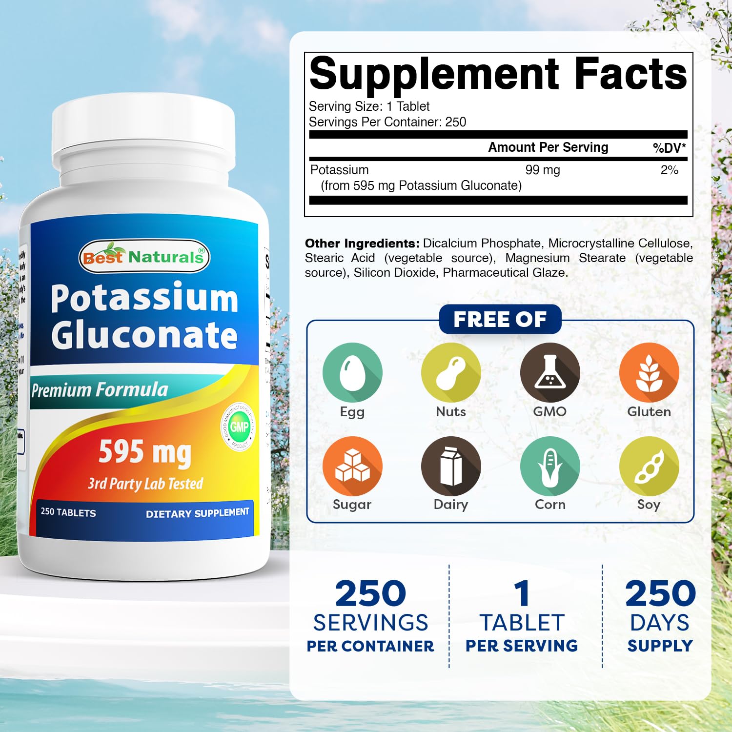 Best Naturals Potassium Gluconate 250 tablets bottle side view