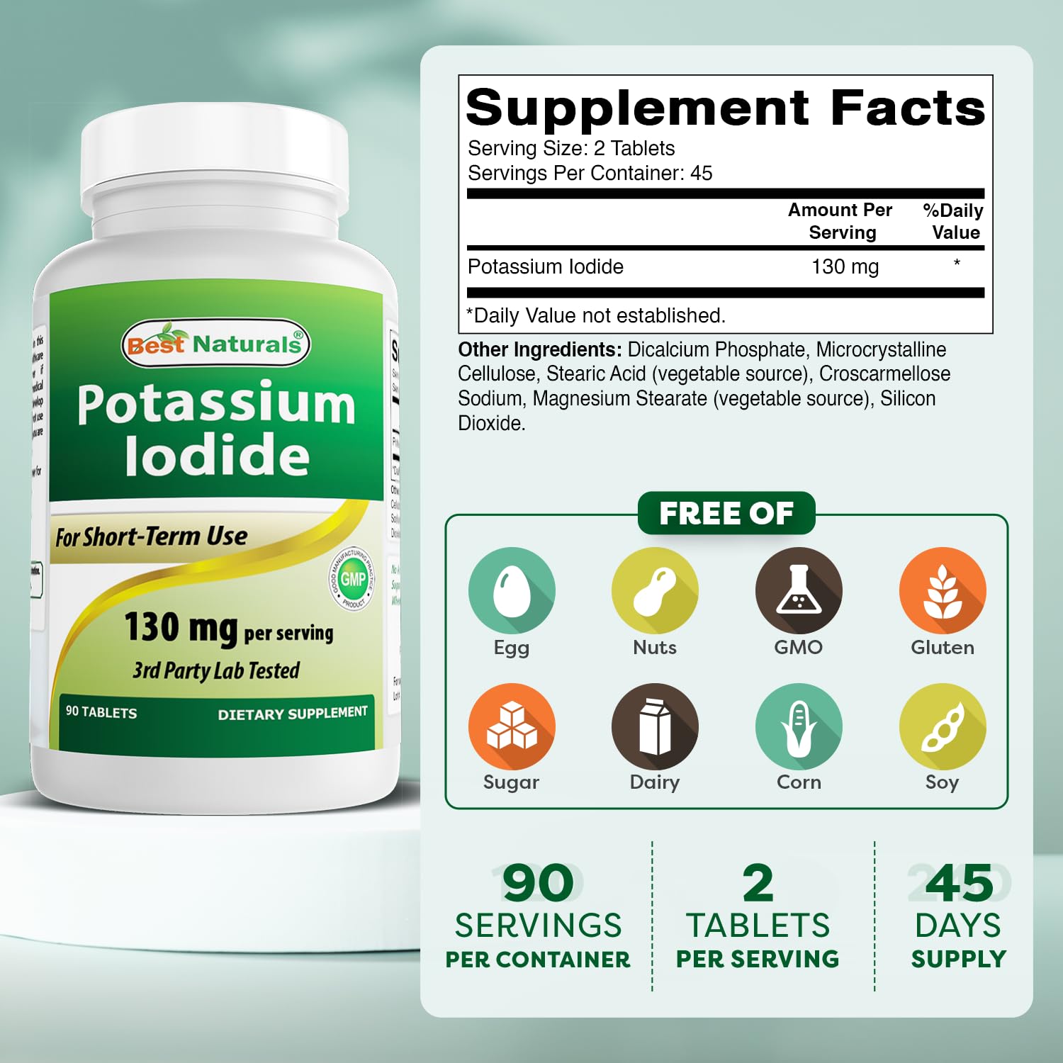 Best Naturals Potassium Iodide Tablets back view with ingredient list