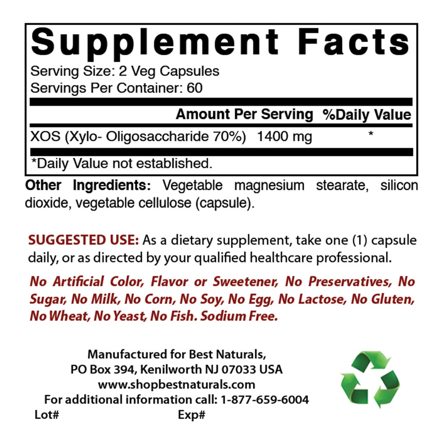 Best Naturals Prebiotic Fiber 1400mg 60 Capsules bottle side view
