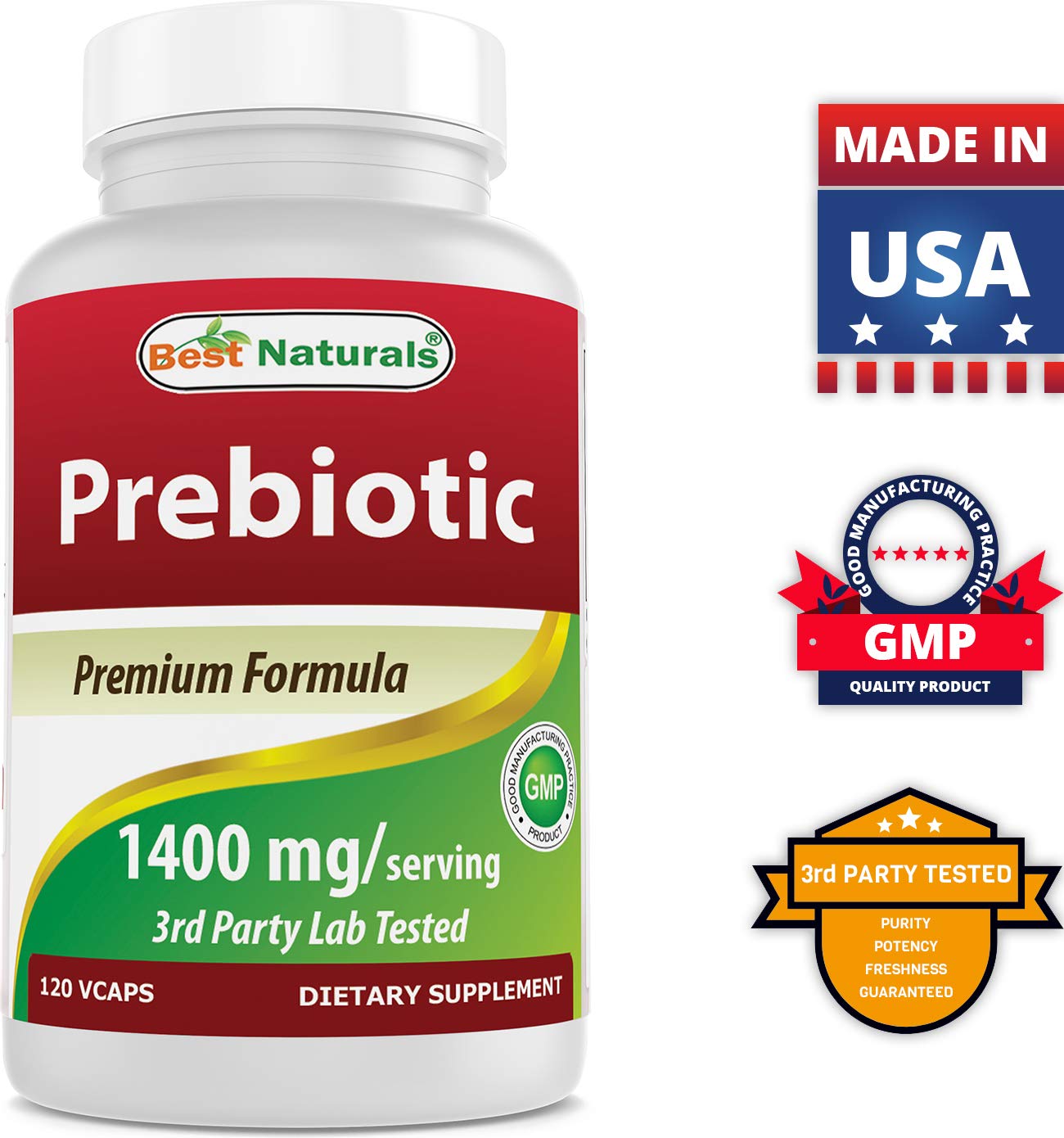 Best Naturals Prebiotic Fiber 1400mg capsules displayed on a kitchen counter