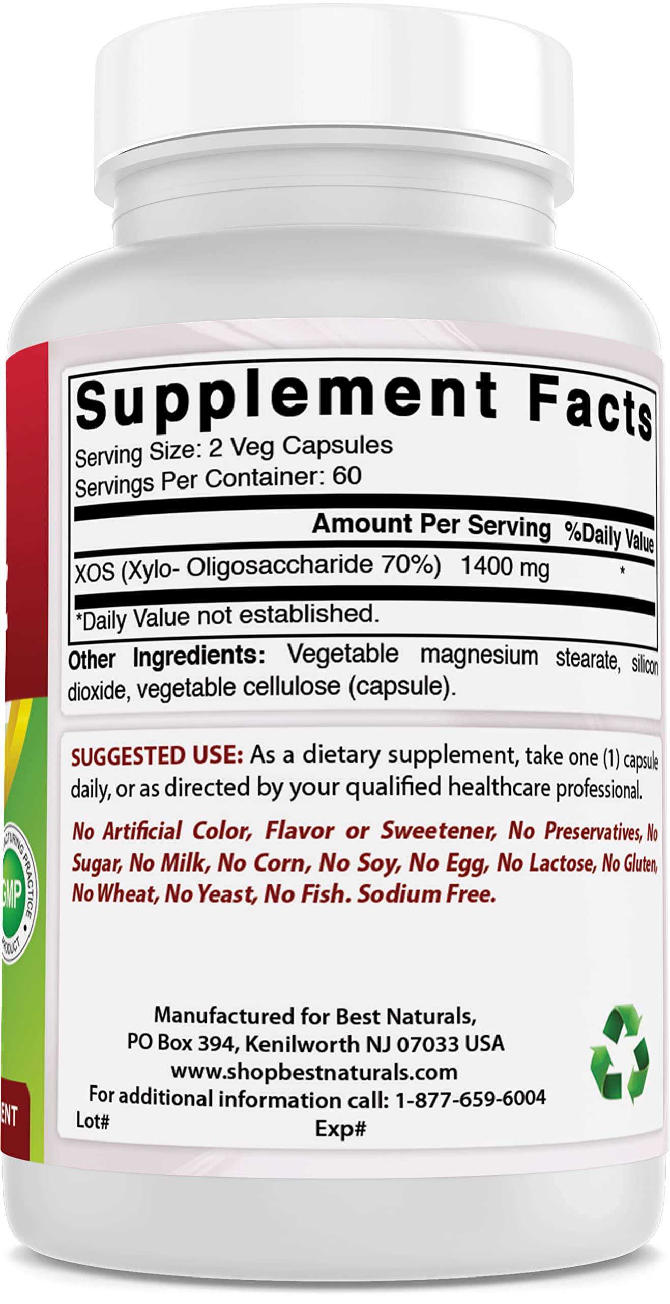 Best Naturals Prebiotic Fiber 1400mg capsules with a glass of water