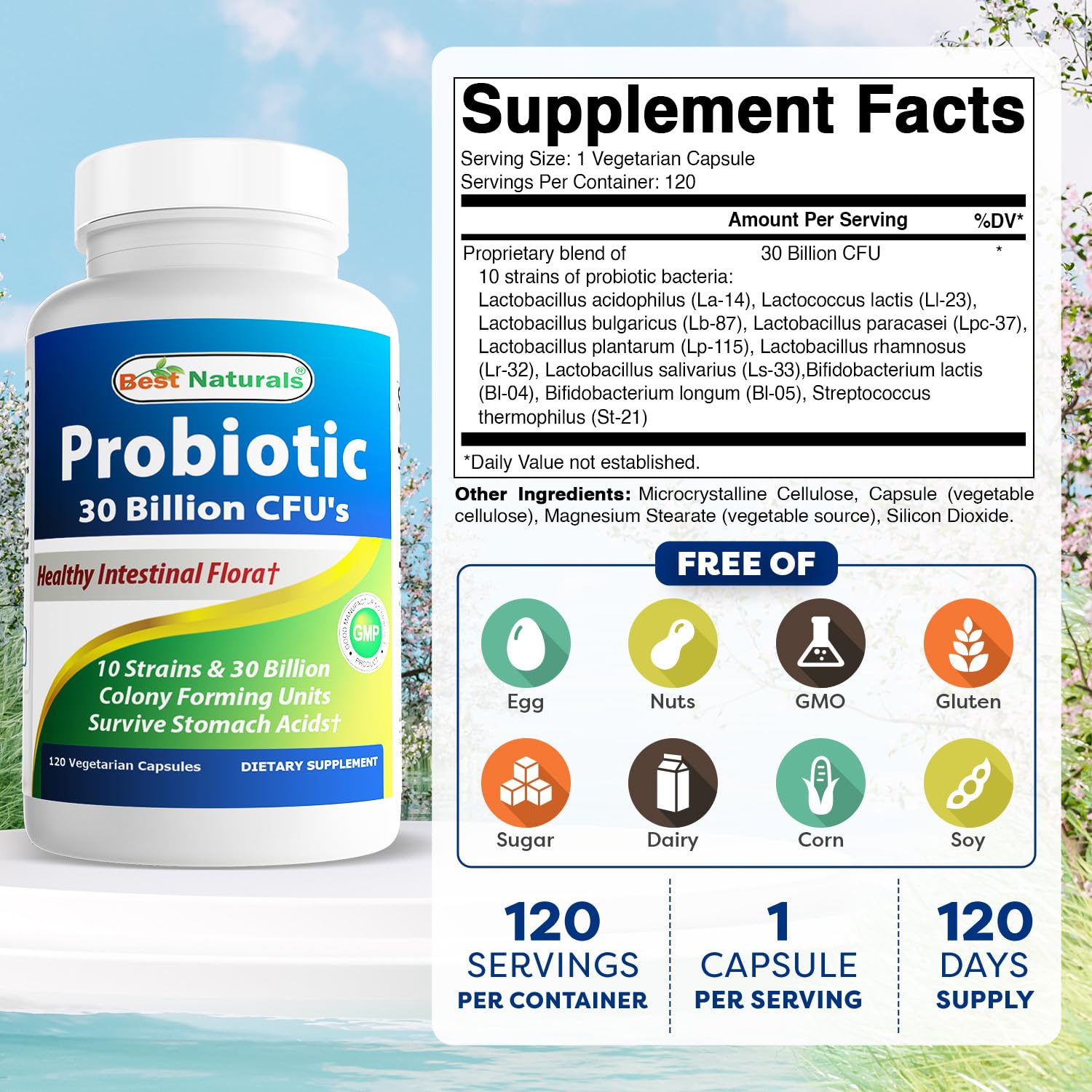 Best Naturals Probiotic Acidophilus bottle with label showing 30 billion CFUs