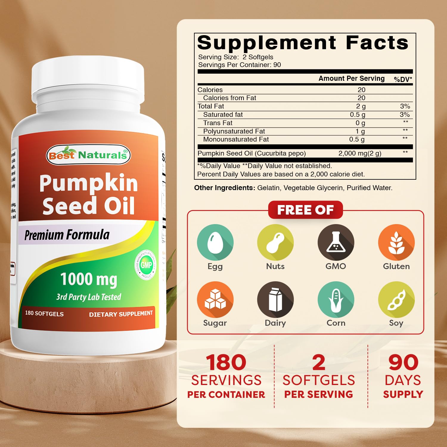 Best Naturals Pumpkin Seed Oil Softgels 1000 mg bottle side view