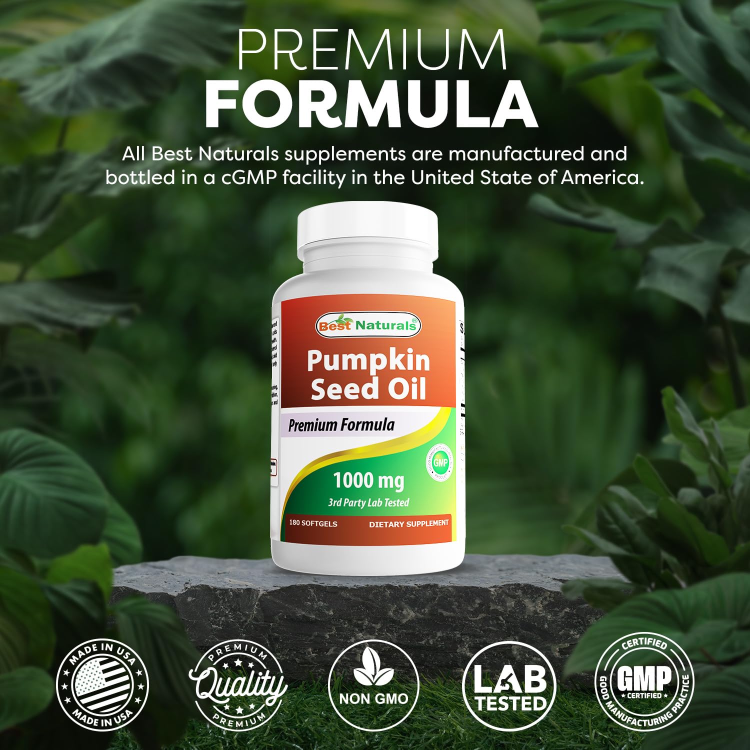 Best Naturals Pumpkin Seed Oil Softgels 1000 mg on a wooden table