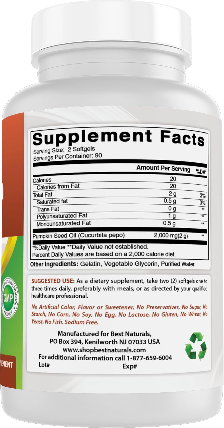 Best Naturals Pumpkin Seed Oil Softgels 1000 mg with a measuring spoon