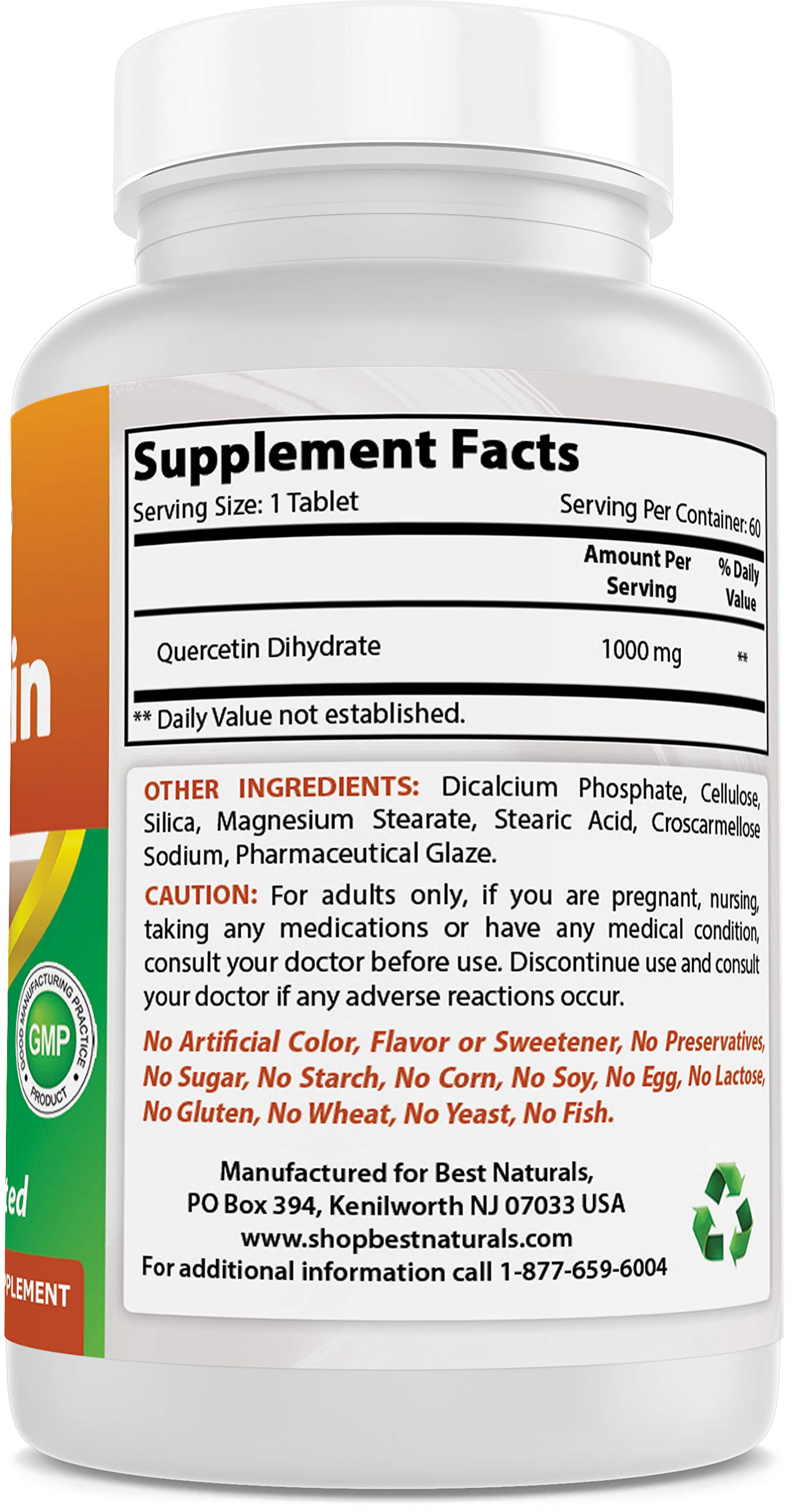 Best Naturals Quercetin 1000 mg 60 Tablets back view