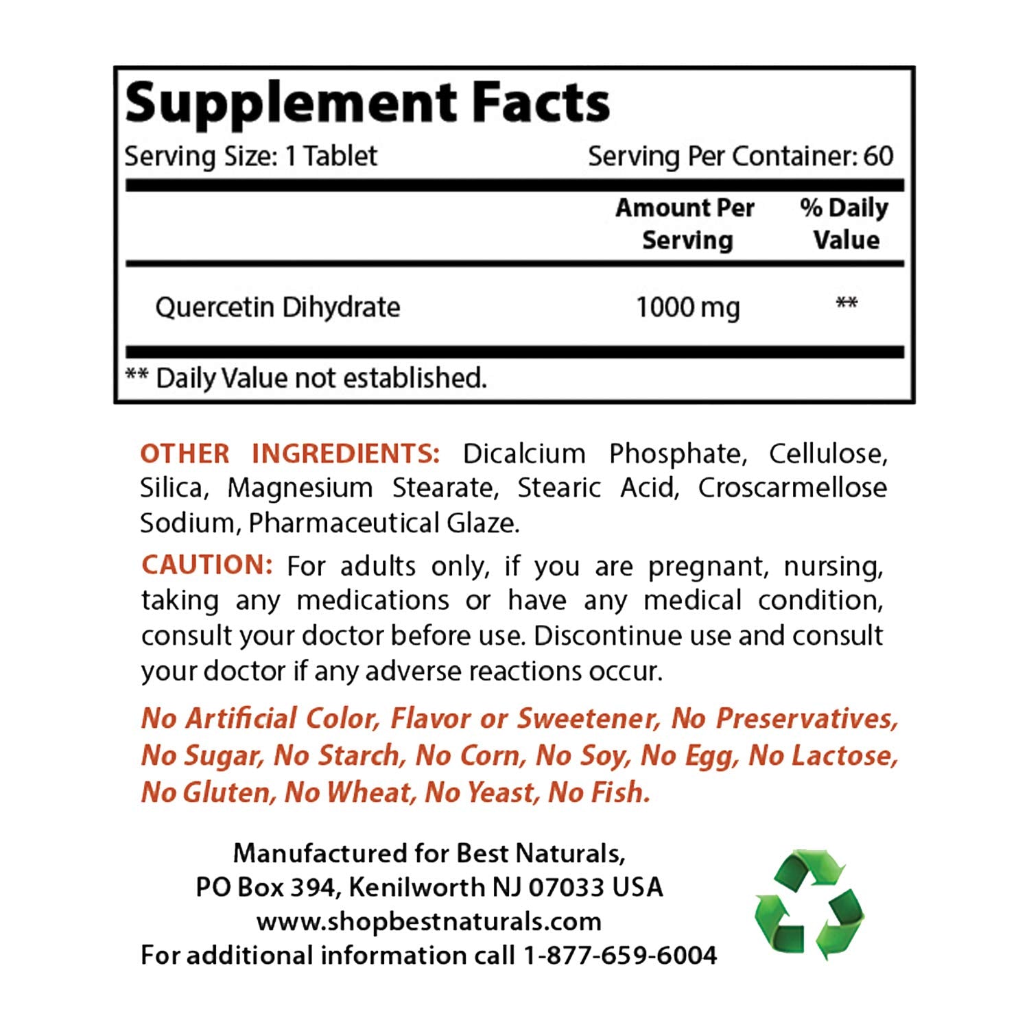 Best Naturals Quercetin 1000 mg 60 Tablets bottle side view