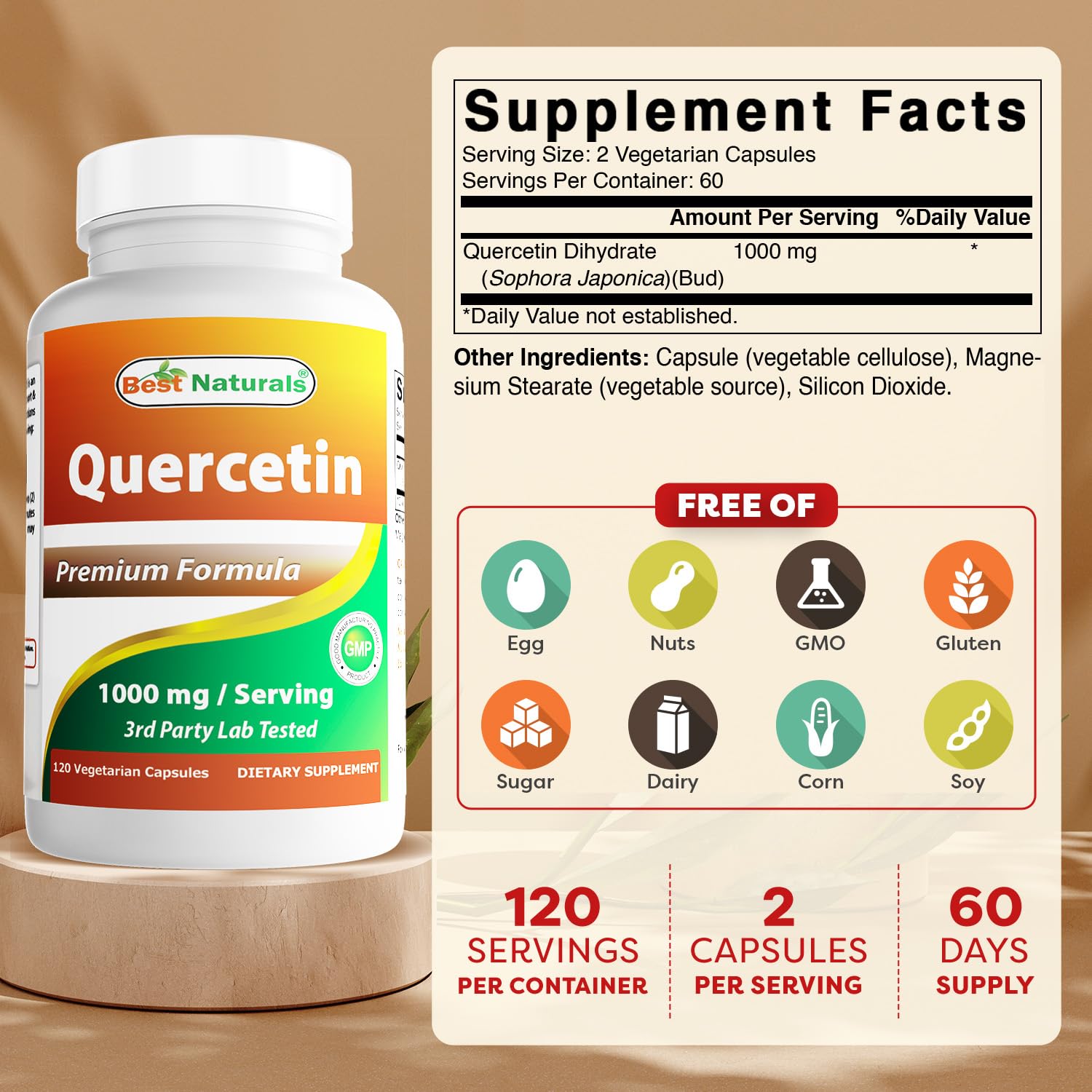 Best Naturals Quercetin 1000 mg capsules back view with ingredient list