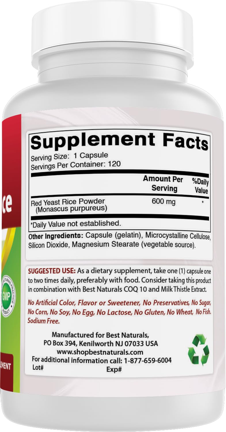 Best Naturals Red Yeast Rice 600mg bottle label