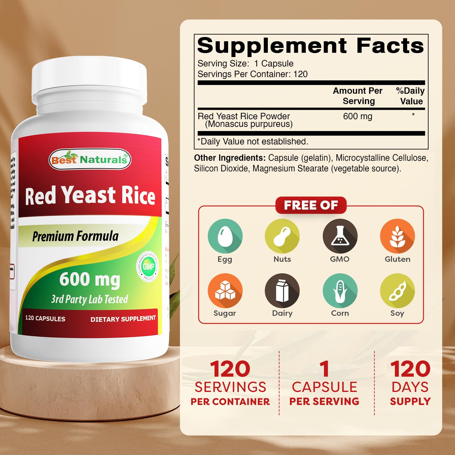 Best Naturals Red Yeast Rice 600mg bottle side view